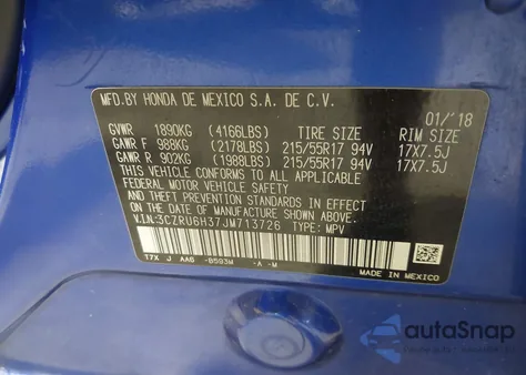 2018 Honda Hr-V Lx из США, поврежденный, VIN 3CZRU6H37JM713726